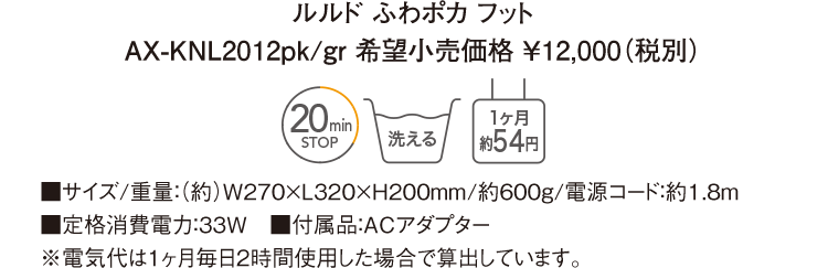 ルルド ふわポカ フット AX-KNL2012pk/gr 希望小売価格 ￥12,000（税別） ■サイズ/重量：（約）W270×L320×H200mm/約600g/電源コード：約1.8ｍ ■定格消費電力：33W　■付属品：ACアダプター ※電気代は１ヶ月毎日２時間使用した場合で算出しています。
